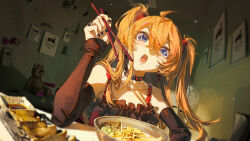 Rule 34 | 1girl, alternate hairstyle, artist request, blue eyes, breasts, brown hair, casual, collarbone, dress, eating, food, hair between eyes, highres, interface headset, looking at another, looking at viewer, neon genesis evangelion, open mouth, souryuu asuka langley, twintails
