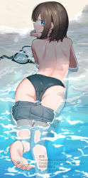 Rule 34 | 1girl, ass, back, bare back, barefoot, bikini, black bikini, blue eyes, blue shorts, brown hair, clothes pull, elbow rest, from behind, hand on own cheek, hand on own face, head rest, highres, looking at viewer, looking back, lying, mirota shiori, ocean, on stomach, original, partially submerged, sho bu 1116, short hair, shorts, shorts pull, soles, solo, swimsuit, topless, unworn bikini top, water, watermark, web address