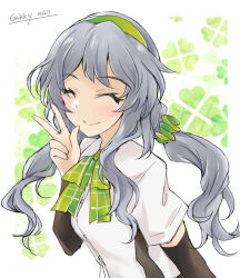 Rule 34 | 1girl, alternate hairstyle, arm warmers, bow, bowtie, clover background, collared shirt, dress shirt, gakky, green bow, green bowtie, green hairband, grey eyes, grey hair, hairband, kantai collection, long hair, low twintails, one-hour drawing challenge, plaid, plaid bow, plaid bowtie, shirt, short sleeves, sidelocks, smile, solo, twintails, upper body, v, wavy hair, white background, white shirt, yamagumo (kancolle)