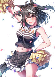 Rule 34 | 1girl, ahoge, animal ears, arm up, armpits, bare shoulders, black hair, black shirt, black skirt, blush, brown eyes, cheerleader, commentary, cowboy shot, cropped shirt, dot nose, double-parted bangs, hair between eyes, hair ornament, hand on own hip, highres, hirorinwelcome, holding, holding pom poms, horse ears, horse girl, horse tail, kitasan black (umamusume), looking at viewer, midriff, multicolored hair, navel, one eye closed, open mouth, pleated skirt, pom pom (cheerleading), pom poms, print shirt, shirt, short hair, simple background, skirt, sleeveless, sleeveless shirt, smile, solo, streaked hair, tail, thighs, two side up, umamusume, umapyoi (phrase), white background, white hair, white wristband