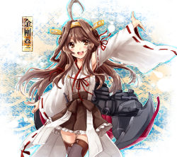 Rule 34 | 10s, 1girl, ahoge, armpits, black thighhighs, brown eyes, brown hair, candy, detached sleeves, food, hair ornament, highres, huge ahoge, japanese clothes, kantai collection, kongou (kancolle), long hair, long sleeves, looking at viewer, miko, nontraditional miko, open mouth, outstretched arms, sash, sayagata, shippou (pattern), shirt, skirt, smile, solo, thighhighs, very long hair, wide sleeves, yuya (night lily), zettai ryouiki