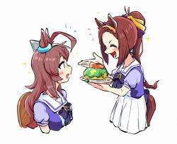 Rule 34 | 2girls, :d, ahoge, animal ears, appleq, birthday, blush, bow, bowtie, brown hair, cake, chair, commentary request, cropped legs, cropped torso, ear ornament, closed eyes, food, from side, giving, hairband, happy birthday, highres, holding, holding food, holding plate, horse ears, horse girl, horse tail, long hair, mihono bourbon (umamusume), multiple girls, neckerchief, notice lines, open mouth, plate, ponytail, puffy short sleeves, puffy sleeves, purple shirt, sakura bakushin o (umamusume), school uniform, shirt, short sleeves, simple background, sitting, smile, tail, tracen school uniform, umamusume, v-shaped eyebrows, white background