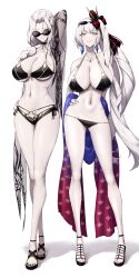 Rule 34 | 2girls, absurdres, arm up, bikini, black bikini, breasts, brown eyes, carmilla (fate), carmilla (swimsuit rider) (fate), carmilla (swimsuit rider) (third ascension) (fate), cleavage, commentary request, eyewear on head, fate/grand order, fate (series), fingernails, full body, hand on own hip, high heels, highres, huge breasts, jewelry, large breasts, long hair, looking at viewer, marie antoinette (alter) (fate), marie antoinette (fate), midriff, multiple girls, nail polish, navel, necklace, paid reward available, pale skin, shiroshisu, simple background, standing, stomach, sunglasses, swimsuit, thighs, white background, white hair, yellow eyes