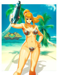 Rule 34 | 1girl, arm cannon, armpits, beach, blonde hair, breasts, day, genzoman, looking at viewer, medium breasts, metroid, metroid (creature), navel, nintendo, nude, ocean, outdoors, palm tree, ponytail, samus aran, smile, solo, spacecraft, stomach, thigh gap, tree, weapon