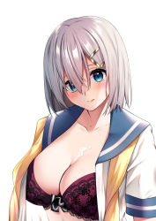 Rule 34 | 1girl, blue eyes, blue sailor collar, blush, bra, breasts, closed mouth, grey hair, hair between eyes, hair ornament, hairclip, hamakaze (kancolle), highres, kantai collection, lace, lace-trimmed bra, lace trim, large breasts, looking at viewer, mimamui, neckerchief, open clothes, purple bra, sailor collar, school uniform, serafuku, short hair, simple background, solo, suggestive fluid, underwear, undone neckerchief, upper body, white background, yellow neckerchief
