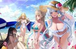 Rule 34 | 4girls, :d, :o, ;d, ^ ^, aqua bikini, arm up, azur lane, bare shoulders, beach, beach umbrella, bead bracelet, beads, bikini, bird, black hair, blonde hair, blue eyes, blue sky, blunt bangs, blush, bracelet, braid, braided bun, breasts, chick, choker, cleavage, closed eyes, clothing cutout, cloud, collarbone, covered navel, criss-cross halter, day, diffraction spikes, double bun, eyelashes, falling petals, floating hair, flower, food, food in mouth, formidable (azur lane), formidable (the lady of the beach) (azur lane), frilled bikini, frills, grey hair, hair between eyes, hair bun, hair flower, hair ornament, halterneck, hand up, hands up, hat, hat flower, hat ribbon, hibiscus, high ponytail, highres, holding, holding food, holding swim ring, horizon, illustrious (azur lane), indomitable (azur lane), innertube, jewelry, knees up, large breasts, laurel crown, leaning forward, leg up, lens flare, light rays, long hair, looking at another, manjuu (azur lane), momokan (kandume200), mouth hold, multiple girls, navel, ocean, one-piece swimsuit, one eye closed, open mouth, outdoors, parted lips, petals, pink choker, ponytail, popsicle, purple eyes, red eyes, red flower, ribbon, shawl, side-tie bikini bottom, side cutout, sidelocks, sitting, sky, smile, sparkle, standing, standing on one leg, stomach, straw hat, string bikini, sun hat, sunlight, swim ring, swimsuit, thighs, tri tails, umbrella, very long hair, victorious (azur lane), water, wet, white bikini, white hair, white one-piece swimsuit, white ribbon, yellow flower