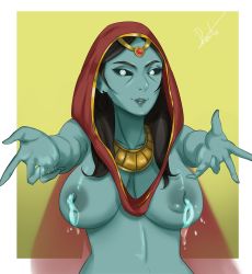 Rule 34 | 1girl, black eyes, black hair, blue skin, breasts, cloak, colored skin, dc comics, dcau, deliciousbrain, female focus, glowing, glowing eyes, highres, hood, injustice: gods among us, jewelry, lactation, large breasts, long hair, milk, nipples, outstretched arms, rama kushna, smile, spread arms