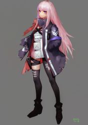 Rule 34 | 1girl, absurdres, alternate hairstyle, blush, closed mouth, coat, eonsang, girls&#039; frontline, highres, holster, long hair, magazine (weapon), mod3 (girls&#039; frontline), multicolored hair, open clothes, open coat, pink hair, purple eyes, scarf, signature, simple background, smile, solo, st ar-15 (girls&#039; frontline), st ar-15 (mod3) (girls&#039; frontline), strap, streaked hair, thigh holster, thigh strap, thighhighs