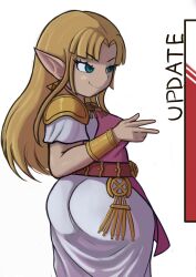 Rule 34 | 1girl, absurdres, ass, ass focus, blonde hair, blue eyes, cowboy shot, female focus, from behind, highres, long hair, nintendo, pointy ears, princess zelda, short sleeves, sidelocks, simple background, solo, standing, the legend of zelda, the legend of zelda: a link to the past, triforce, triforce earrings, trolltoll, v, white background, wide hips