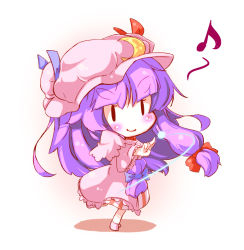 Rule 34 | 1girl, blush, chibi, crescent, dress, female focus, hat, long hair, mintmochi (artist), mochinabe, musical note, patchouli knowledge, purple hair, smile, solid oval eyes, solo, touhou