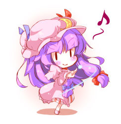 1girl blush chibi crescent dress female_focus hat long_hair mintmochi_(artist) mochinabe musical_note patchouli_knowledge purple_hair smile solid_oval_eyes solo touhou