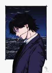Rule 34 | 1boy, black eyes, black hair, black jacket, black suit, chainsaw man, cigarette, cityscape, collared shirt, earrings, scar on face, formal, hair between eyes, highres, jacket, jewelry, kishibe (chainsaw man), kishibe (young) (chainsaw man), long sleeves, nenashibito, night, piercing, scar, shirt, short hair, sleeves past elbows, smoke, smoking, solo, stitches, suit, watermark, white shirt