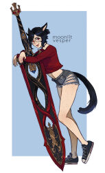 1girl animal_ears artist_name black_collar black_hair body_freckles breasts cat_ears cat_tail closed_mouth collar commentary commission crop_top dark_knight_(final_fantasy) denim denim_shorts english_commentary final_fantasy final_fantasy_xiv freckles from_side full_body greatsword highres huge_weapon leaning_on_weapon lips looking_at_viewer midriff miqo&#039;te nail_polish red_eyes red_sweater round_eyewear shoes short_hair short_shorts shorts simple_background small_breasts smile sneakers solo sweater sword tail torn_clothes torn_shorts vesper_(v17-20) warrior_of_light_(ff14) weapon