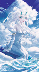 Rule 34 | 1girl, :d, absurdres, ahoge, animal, aqua eyes, bad id, bad pixiv id, blue nails, blush, bracelet, breasts, cleavage, cloud, cloudy sky, colored eyelashes, covered navel, day, detached sleeves, dolphin, dress, fingernails, frilled dress, frills, fur-trimmed sleeves, fur trim, hair between eyes, highres, horns, huge filesize, jewelry, light rays, long fingernails, long hair, long sleeves, looking at viewer, nail polish, okazu (eightstudio), on rock, open mouth, original, outdoors, pale skin, pointy ears, rock, see-through, see-through sleeves, sharp fingernails, silver hair, sitting, sky, small breasts, smile, soaking feet, solo, sparkle, spiked bracelet, spikes, strapless, strapless dress, sunbeam, sunlight, teeth, upper teeth only, v-shaped eyebrows, very long hair, water, water drop, wet, wet clothes, wet dress