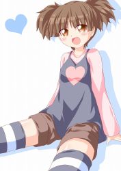 Rule 34 | 1girl, brown eyes, brown hair, k-on!, kagerou (kers), kers, short hair, short twintails, shorts, striped clothes, striped thighhighs, suzuki jun, thighhighs, twintails