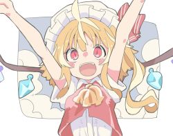 Rule 34 | 1girl, ahoge, arms up, banana takemura, bare arms, blonde hair, crystal, flandre scarlet, hat, hat ribbon, highres, long hair, mob cap, multicolored hair, one side up, open mouth, outstretched arms, red eyes, red ribbon, red vest, ribbon, shirt, short sleeves, slit pupils, smile, solo, streaked hair, touhou, two-tone hair, upper body, vest, white background, white hat, white shirt, wings