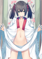 Rule 34 | 1girl, 3:, black hair, blunt bangs, blush, collarbone, commentary request, cowboy shot, embarrassed, flat chest, green eyes, hair ribbon, highres, japanese clothes, kavka, kimono, long hair, long sleeves, naked kimono, navel, open clothes, open kimono, original, red ribbon, ribbon, ribbon-trimmed sleeves, ribbon trim, scroll, solo, spread fingers, stomach, tearing up, tears, thighs, twintails, v-shaped eyebrows, white kimono, wide sleeves