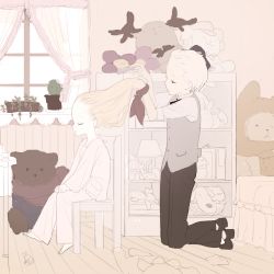 Rule 34 | 1boy, 1girl, barefoot, bed, bedroom, black eyes, black footwear, black pants, black ribbon, blonde hair, brushing hair, cactus, chair, closed mouth, crossed legs, curtains, desk, doremi (doremi4704), facial mark, forehead mark, from side, grey vest, hair slicked back, holding, holding own hair, indoors, kneeling, long hair, long sleeves, neck ribbon, original, pajamas, pale color, pants, plant, potted plant, ribbon, shirt, shoes, sitting, stuffed animal, stuffed toy, teddy bear, vest, white shirt, window