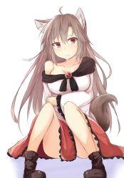 Rule 34 | 1girl, ahoge, animal ears, bare legs, boots, breasts, brown hair, imaizumi kagerou, knees, long hair, looking at viewer, off shoulder, red eyes, sangatsu saki, solo, squatting, tail, touhou, wolf ears, wolf tail