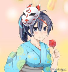 Rule 34 | 1girl, absurdres, blue eyes, blue hair, blue kimono, blush, breasts, candy apple, eating, fir (fire emblem), fire emblem, fire emblem: the binding blade, fire emblem heroes, floral print, food, hidukitigaii, highres, japanese clothes, kimono, looking at viewer, mask, mask on head, multicolored background, nintendo, ponytail, popsicle, solo, summer festival, twitter username, upper body, yukata
