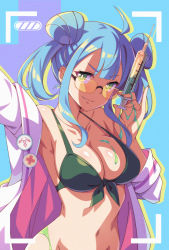 Rule 34 | &gt;:), 1girl, adjusting eyewear, adjusting glasses, ahoge, arm up, armpits, badge, bare shoulders, bikini, bikini top only, blue background, breasts, bright pupils, button badge, cleavage, closed mouth, collarbone, commentary, cross, double bun, english commentary, fang, fang out, front-tie bikini top, front-tie top, green bikini, green eyes, green ribbon, highres, holding, holding syringe, large breasts, liquid, looking at viewer, looking over eyewear, looking over glasses, mmrailgun, navel, off shoulder, original, outstretched arm, red cross, ribbon, rimless eyewear, selfie, short hair with long locks, short twintails, sidelocks, smile, solo, stomach, sunglasses, swimsuit, syringe, tinted eyewear, twintails, upper body, v-shaped eyebrows, viewfinder, yellow-tinted eyewear, yellow-tinted glasses