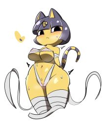 Rule 34 | 1girl, :&lt;, animal crossing, animal ears, ankha (animal crossing), arms behind back, bandaged leg, bandages, bare shoulders, black eyes, blue hair, blunt bangs, blush, bob cut, body fur, breasts, breath, budget sarashi, cameltoe, cat ears, cat girl, cat tail, closed mouth, covered erect nipples, cowboy shot, cropped legs, female focus, furry, furry female, groin, hair ornament, heart, highleg, highleg panties, highres, large breasts, light blush, looking to the side, navel, nintendo, panties, sarashi, shadove, shiny skin, short hair, sidelocks, simple background, snake hair ornament, solo, standing, steam, steaming body, stomach, striped tail, sweat, tail, thighhighs, thighs, underboob, underwear, white background, white panties, white thighhighs, wide hips, yellow fur