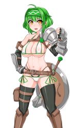 Rule 34 | 1girl, armor, ass, belt, boots, bra, breasts, coco ankou, gloves, green hair, highres, open mouth, panties, pocket, pussy, shield, short hair, smile, underwear, weapon, yellow eyes