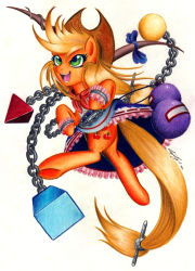 Rule 34 | applejack, colored pencil (medium), cosplay, crossover, cutie mark, gourd, hat, highres, horns, ibuki suika, ibuki suika (cosplay), lavos vs bahamut, long hair, low-tied long hair, my little pony, my little pony: friendship is magic, no humans, parody, pony (animal), tail, touhou, traditional media