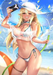 Rule 34 | 1girl, bare shoulders, beach, bikini, blonde hair, blue choker, blue sky, breasts, cameltoe, cellphone, choker, cleavage, cloud, collarbone, commentary request, cowboy shot, crop top, cyicheng, dark-skinned female, dark skin, day, flower, grin, hand up, hat, hat flower, holding, holding phone, hololive, large breasts, long hair, looking at viewer, midriff, nail polish, navel, off-shoulder shirt, off shoulder, open fly, phone, pointy ears, red eyes, shiranui flare, shirt, short sleeves, side-tie bikini bottom, sky, smartphone, smile, solo, standing, stomach, sun hat, swimsuit, tail, tan, thigh strap, thighs, very long hair, virtual youtuber, water, white hat, white shirt, yellow flower, yellow nails