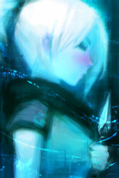Rule 34 | 1girl, alex chow, black background, blue theme, blush, from side, hair behind ear, half-closed eyes, highres, holding, holding knife, jacket, jett (valorant), knife, looking at viewer, ponytail, scarf, solo, valorant, white hair