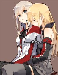Rule 34 | 10s, 2girls, bad id, bad twitter id, bare shoulders, between legs, bismarck (kancolle), blonde hair, blue eyes, blush, capelet, cross, detached sleeves, graf zeppelin (kancolle), grey legwear, hamada (super tachioyogi kyousou), iron cross, kantai collection, kriegsmarine, looking at another, looking down, military, military uniform, multiple girls, pantyhose, silver hair, thighhighs, uniform, yuri