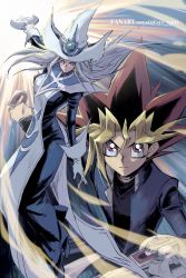 Rule 34 | 1boy, 1girl, black hair, black shirt, blonde hair, blue jacket, bright pupils, card, closed mouth, commentary request, duel disk, hair between eyes, highres, holding, holding card, jacket, looking up, muto yugi, outstretched arm, red eyes, red hair, serious, shirt, short hair, silent magician, soya (sys ygo), spiked hair, white pupils, yu-gi-oh!