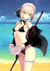 Rule 34 | 1girl, absurdres, apron, artoria pendragon (alter swimsuit rider) (fate), artoria pendragon (alter swimsuit rider) (second ascension) (fate), artoria pendragon (fate), bare shoulders, beach, bikini, black bikini, blue sky, blush, bow, bowtie, braid, bridal garter, closed mouth, cloud, cloudy sky, day, fate/grand order, fate (series), french braid, highres, long sleeves, looking at viewer, maid, maid apron, maid headdress, navel, ocean, off shoulder, outdoors, pale skin, scan, serious, sky, solo, stomach, swimsuit, thigh strap, tony taka, water