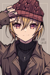 Rule 34 | 1girl, absurdres, black nails, black sweater, blonde hair, brown coat, closed mouth, coat, cross, cross necklace, grey background, hair between eyes, hat, highres, idolmaster, idolmaster shiny colors, jewelry, kakuzatou (cubesugar03196), long sleeves, looking at viewer, nail polish, necklace, red eyes, red hat, ribbed sweater, saijo juri, short hair, sketch, smile, smug, solo, sweater, upper body
