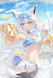 Rule 34 | 1girl, absurdres, ahoge, animal ear fluff, animal ears, armpits, blue archive, blue sky, bookey, breasts, cheerleader, city, cleavage, cloud, commentary request, cosplay, criss-cross halter, detached collar, double fox shadow puppet, english text, fox ears, fox girl, fox shadow puppet, fox tail, green eyes, halo, halterneck, hibiki (blue archive), highres, hololive, long hair, low ponytail, medium breasts, midriff, navel, panties, pantyshot, pleated skirt, pom pom (cheerleading), shirakami fubuki, skirt, sky, skyline, solo, stadium, standing, stomach, tail, underwear, very long hair, virtual youtuber, white hair, white panties, white skirt