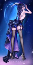 Rule 34 | 1girl, absurdres, alternate costume, backless dress, backless outfit, bare arms, bare shoulders, black bow, black dress, blue footwear, blue hair, bow, breasts, clorinde (genshin impact), commentary, dress, full body, garter straps, genshin impact, grey thighhighs, hair bow, hat, hat feather, high heels, highres, purple eyes, ringeko-chan, small breasts, solo, standing, thighhighs, tricorne, zettai ryouiki