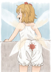 Rule 34 | 1girl, blonde hair, bloomers, chii-kun (seedyoulater), commentary request, fairy, fairy wings, from behind, hair ribbon, leaning forward, looking to the side, open mouth, red ribbon, ribbon, shirt, short hair, sidelocks, smile, solo, strap slip, sunny milk, tank top, touhou, two side up, underwear, white bloomers, white shirt, wings