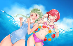 Rule 34 | 2girls, assisted exposure, beach, bikini, bikini pull, blush, clothes pull, day, garex, green hair, innertube, multiple girls, navel, one-piece swimsuit, original, pulling another&#039;s clothes, red eyes, red hair, swim ring, swimsuit, underwater, undressing