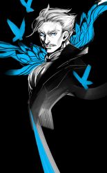 Rule 34 | 1boy, bird, black background, blue eyes, blue theme, closed mouth, cropped torso, dove, facial hair, fate/grand order, fate (series), greyscale, hair slicked back, highres, james moriarty (archer) (fate), looking at viewer, male focus, monochrome, mustache, simple background, smile, solo, spot color, tenobe