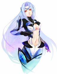 Rule 34 | 00s, 1girl, android, armor, bad id, bad pixiv id, black gloves, blue hair, breasts, center opening, crotch zipper, expressionless, gloves, headpiece, kamemushi, kos-mos, kos-mos ver. 3, long hair, looking away, midriff, navel, red eyes, simple background, sketch, solo, thigh gap, turtleneck, white background, xenosaga, xenosaga episode iii, zipper