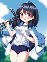 Rule 34 | 1girl, :d, alternate costume, blue hair, blue hat, blurry, blurry background, blush, breasts, buruma, cardigan, commentary request, dark blue hair, day, hand up, hat, highres, holding tripod, iizunamaru megumu, long hair, looking at viewer, medium breasts, open cardigan, open clothes, open mouth, outdoors, pink eyes, ruu (tksymkw), shirt, short sleeves, smile, solo, sweater, tokin hat, touhou, white shirt