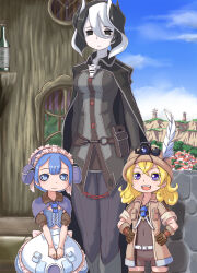Rule 34 | 1boy, 2girls, belt, belt pouch, black cape, black eyes, black hair, blonde hair, blue corset, blue eyes, blue hair, blue sky, bottle, breasts, brown gloves, cape, cloud, cloudy sky, commentary, corset, cropped legs, dot nose, double-parted bangs, expressionless, fangs, feathers, flashlight, gloves, hair between eyes, hands on own hips, helmet, hill, jacket, light blush, light smile, looking at viewer, lyza (made in abyss), made in abyss, maid, maid headdress, maruruk, medium breasts, multicolored hair, multiple girls, ozen, pouch, pxton, sake bottle, short hair, skin tight, sky, smile, stone wall, teeth, thick eyelashes, thighhighs, town, two-tone hair, upper teeth only, wavy hair, whistle, whistle around neck, white belt, white hair, windmill, window, zettai ryouiki