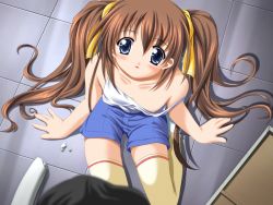 Rule 34 | 1girl, :o, aged down, blue eyes, blush, brown hair, camisole, downblouse, embarrassed, flat chest, from above, game cg, hair ribbon, iwasaki kouji, long hair, looking at viewer, mashita misao, nipple slip, nipples, no bra, on floor, open mouth, pov, ribbon, shorts, sitting, solo focus, strap slip, tanjoubi, thighhighs, twintails, very long hair, yellow thighhighs, zettai ryouiki