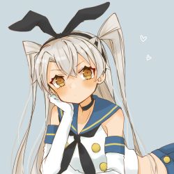 Rule 34 | 1girl, amatsukaze (kancolle), bad id, bad twitter id, black hairband, black neckerchief, blue background, blue sailor collar, blue skirt, cocoperino, commentary request, cosplay, crop top, elbow gloves, gloves, hairband, kantai collection, long hair, looking at viewer, lying, midriff, neckerchief, on stomach, orange eyes, sailor collar, shimakaze (kancolle), shimakaze (kancolle) (cosplay), silver hair, simple background, skirt, solo, two side up, upper body, white gloves