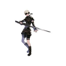Rule 34 | 1boy, alternate costume, black blindfold, black flower, black footwear, black shorts, blindfold, boots, detached sleeves, flower, full body, highres, holding, holding sword, holding weapon, lunar tear, male focus, nier (series), nier:automata, nier reincarnation, official art, short hair, shorts, silver hair, simple background, solo, sword, thigh strap, type-4o sword, weapon, white background, 9s (nier:automata), yoshida akihiko