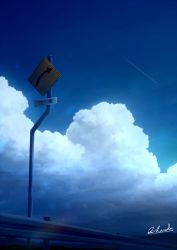 Rule 34 | alu.m (alpcmas), backlighting, blue sky, blue theme, cloud, commentary request, contrail, cumulonimbus cloud, guard rail, highres, no humans, original, outdoors, road sign, scenery, sign, signature, sky, trail, translated