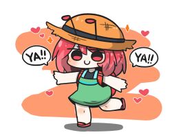 Rule 34 | 1girl, backpack, bag, bare arms, black shirt, blush, brown background, brown hat, chibi, closed mouth, commentary request, dress, full body, green dress, hat, heart, highres, looking at viewer, multicolored hair, original, red eyes, red footwear, red hair, shadow, shirt, shoes, sleeveless, sleeveless dress, sleeveless shirt, smile, solo, standing, standing on one leg, straw hat, two-tone background, two-tone hair, uni souchou, white background