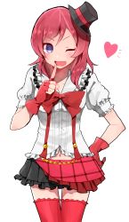 Rule 34 | 1girl, absurdres, alternate costume, black hat, blue eyes, blush, breasts, collarbone, commentary request, dot nose, feet out of frame, finger to mouth, fingerless gloves, frilled shirt, frills, gloves, hair ornament, hand on own hip, hat, heart, highres, looking at viewer, love live!, love live! school idol festival, love live! school idol project, medium breasts, miniskirt, multicolored clothes, multicolored skirt, navel, nishikino maki, one eye closed, open mouth, pink thighhighs, puffy short sleeves, puffy sleeves, red gloves, red hair, red ribbon, ribbon, shine5s, shirt, short hair, short sleeves, simple background, skirt, solo, standing, thighhighs, v-shaped eyebrows, white background