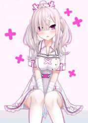 Rule 34 | 1girl, ahoge, bandaged arm, bandages, between legs, blush, breasts, collarbone, collared dress, commentary request, dress, frilled dress, frills, gloves, grey hair, hair ornament, hair over one eye, hand between legs, hat, highres, long hair, medium breasts, mole, mole under eye, nijisanji, nurse cap, parted lips, pink background, purple eyes, short sleeves, solo, sukoya kana, twintails, virtual youtuber, white dress, white gloves, white hat, x hair ornament, yoye (pastel white)