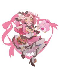 Rule 34 | 1girl, :d, ayase naru, bird, black ribbon, capelet, character name, detached sleeves, full body, hair ribbon, happy birthday, heart, highres, holding, idol clothes, looking at viewer, lovelyn, mea (meari mr), open mouth, pantyhose, penguin, pink capelet, pink hair, pink ribbon, pink skirt, pretty rhythm, pretty rhythm rainbow live, pretty series, ribbon, shirt, shoes, short hair, skirt, smile, solo, white pantyhose, white shirt, yellow eyes